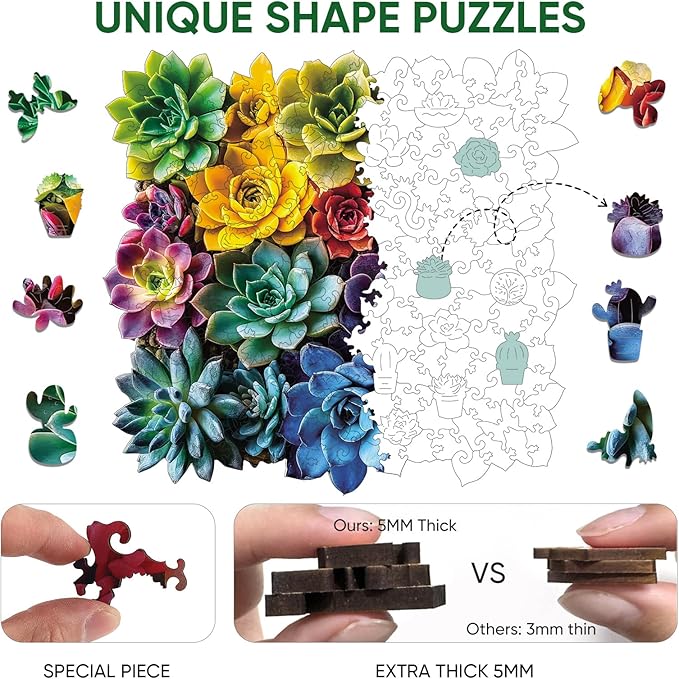 Square Succulent Puzzles for Adults 500 Pieces, 5MM Thick Unique Shaped Flower Jigsaw Puzzles Birthday Gifts for Kids Family Game 15.9 * 16.7inch