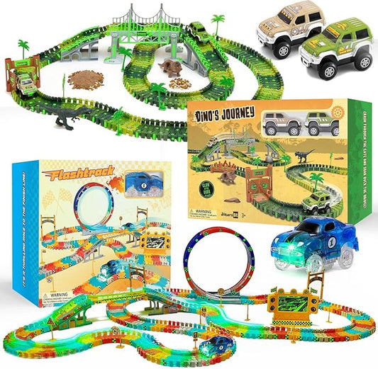 JITTERYGIT Race Track and Dinosaur Track Christmas Bundle Gift, Glow in The Dark Flexible Racing STEM Vehicle Play Set, Magic Racetrack Present for Boys, Girls, Toddler Ages 3 4 5 6 7 8 9 Years Old