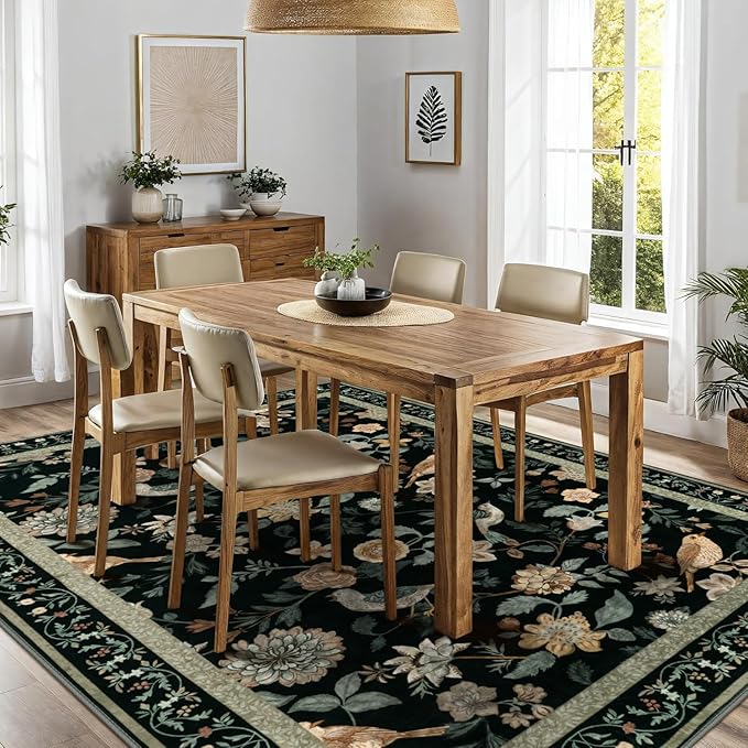Floral Washable 8x10 Area Rugs for Living Room, Boho Birds Black/Beige Large Bedroom Rug Soft Non-Slip Vintage Dining Room Rug, Low Pile Botanical Floor Carpet for Kids Room Classroom
