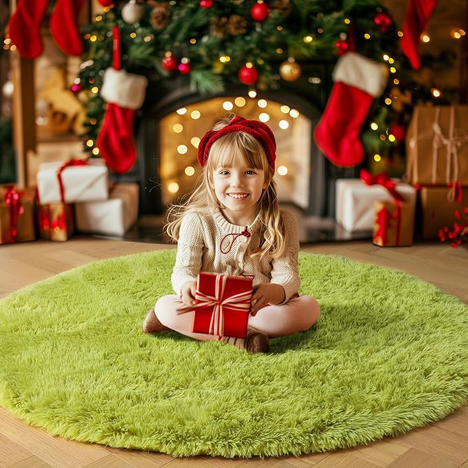 Grass Green Round Rugs 5Ft for Bedroom, Fluffy Shaggy Circle Area Rugs for Kids Playroom Baby Nursery, Cozy Cool Living Room Decor Aesthetic, Cute Fuzzy Furry Plush Carpet for Teen Girls Boys Toddler