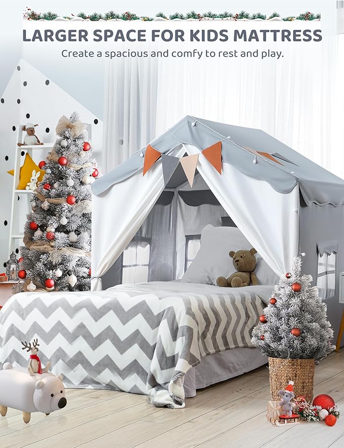 Besrey 2-in-1 Kids Playhouse with Padded Mat and Lights, Large Play Tent with 2 Doors & 4 Windows, Indoor & Outdoor, Toddler Tent, 51" x 35" x 51" (Gray)