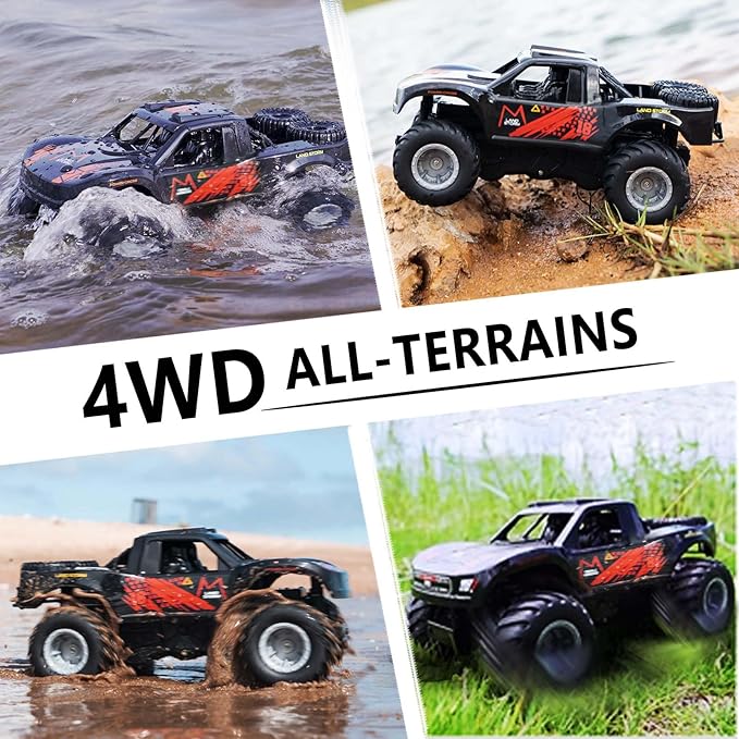 Waterproof Monster Trucks for Boys, 2.4G Amphibious Rc Car, 1:16 Scale All-Terrain Rc Boat for Boys & Adults, 4WD, 2 Rechargeable Batteries, Perfect 4-12 Year Old Boy Toys Gifts-Orange