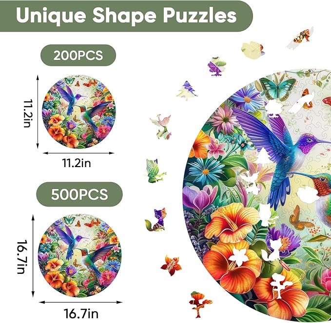 Colorful Hummingbird 200 Pieces Wooden Jigsaw Puzzles for Adults with Unique Shapes Fun Challenging Birds Puzzles for Kids and Couples on Birthday,Children's Day,Christmas11.2 x11.2