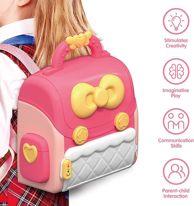 iPlay, iLearn Backpack Dollhouse Playset for Girls 3-5, Kids Pretend Play Doll House Set W/ Portable Backpack, Dolls, School Accessories, Birthday Gifts for 4 5 6 Year Olds Children Toddlers