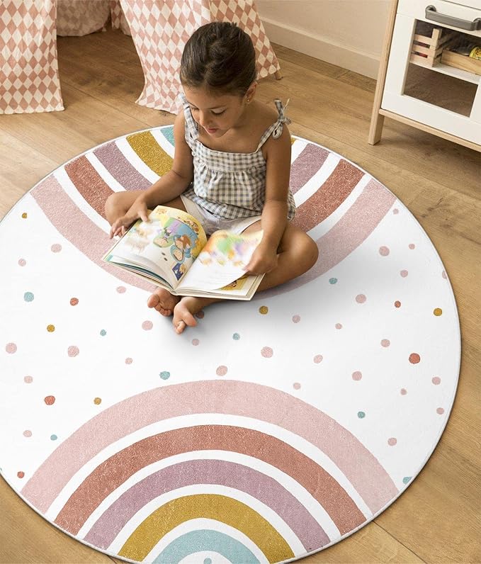 STARUIA Colorful Round Rug for Nursery, 4 Ft Rainbow Washable Rug for Playroom, Boho Kids Rug Non-Slip Soft Bedroom Carpet for Classroom Teepee Princess Castle