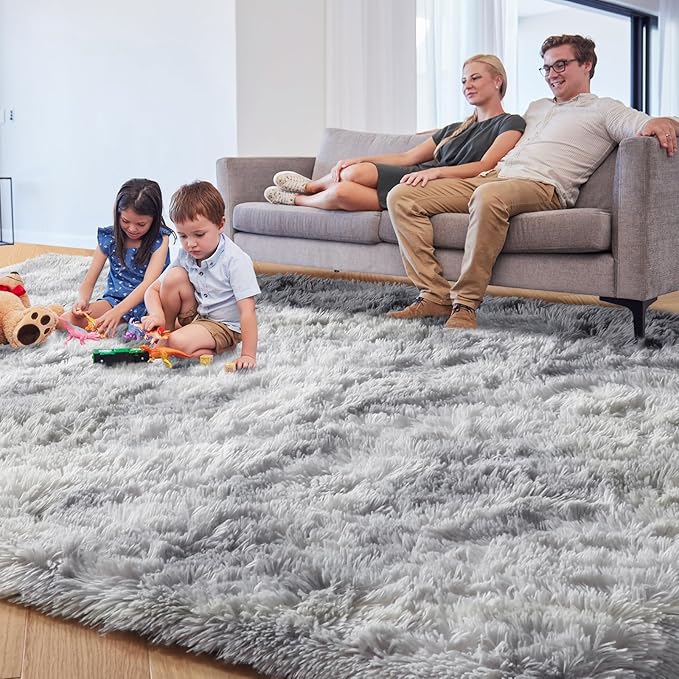PAGISOFE Abstract Shaggy Machine Washable Area Rug 4' x 6' Plush Soft Fluffy Fuzzy Furry Carpet for Living Room, Home Decor Aesthetic Tie-Dyed Light Grey Bedside Rugs, Nursery Grils Boys Kids Room
