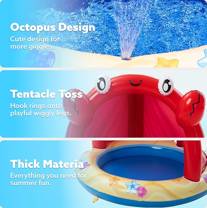 Sloosh Baby Pool Toddler Sprinkler, Crab Splash Pool with Canopy, Baby Wading Pool Inflatable Sprinkler for Learning, Children’s Water Pool Toys, Inflatable Kiddie Pool for Outdoor Summer Water