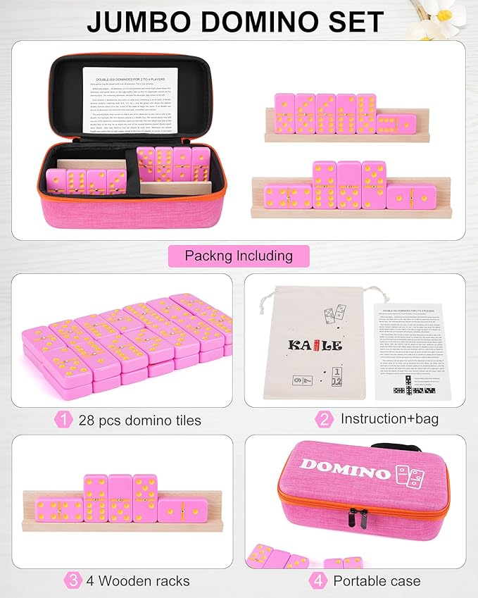 KAILE Double 6 Jumbo Dominoes 28 Tiles Classic Board Games for Kids and Adults with 4 Racks and Bag (Pink)