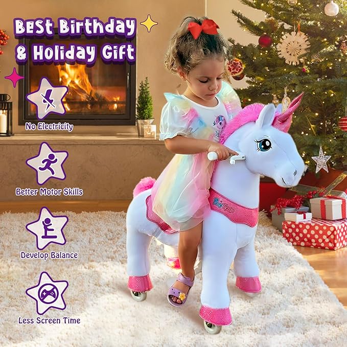 PonyCycle Ride on Unicorn Toys for Girls Katy Perry Pony Riding Pink Unicorn Rocking Horse (with Brake/ 35.4" Height/Size 4 for Age 4-7) Ride-on Animals Plush Pony Toys Birthday Gifts E412