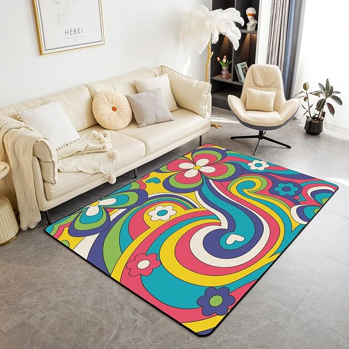 Hippie Boho Floral Rug Colorful Groovy Flower Power Carpet 5'x6'6'' Trippy Spring Garden Botanical Area Rug for Girls Teen Women 60S 70S Theme Bohemian Non Slip Decorative Rug for Bedside