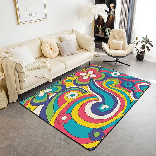Hippie Boho Floral Rug Colorful Groovy Flower Power Carpet 5'x6'6'' Trippy Spring Garden Botanical Area Rug for Girls Teen Women 60S 70S Theme Bohemian Non Slip Decorative Rug for Bedside