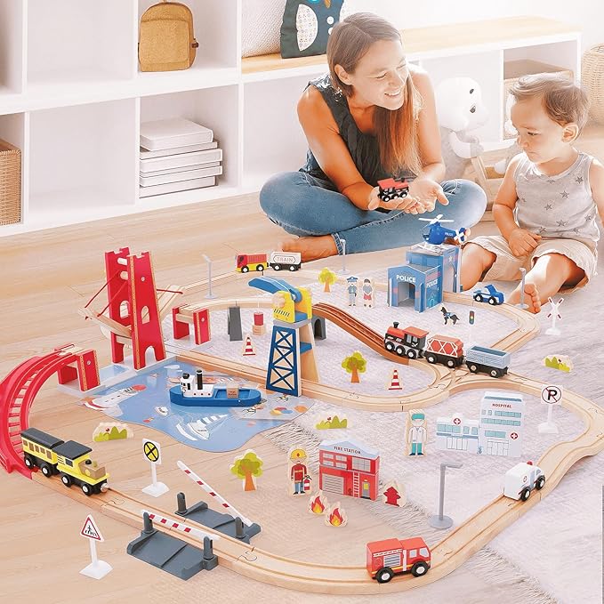 Giant bean 117 Pcs Busy Port City Train Set for Kids- Expandable & Changeable Wooden Train Track Set Toy, for Boys & Girls Ages 3-14