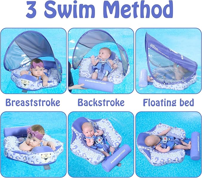 Mambobaby Float Add Tail Baby Swim Float with Canopy Solid Pool Infant Swim Trainer Swimming Training Lying Air Free Water Floats Non-Inflatable Waist Swim Ring for Toddlers (Leopard)
