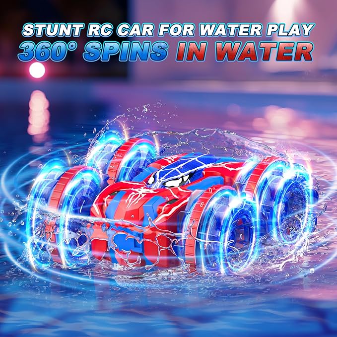 Waterproof Remote Control Car，4WD Amphibious 2.4 GHz RC Car Remote Control Boat，360°Rotation RC Stunt with LED Lights，Boys Girls Gifts All Terrain Water Beach Pool Toy