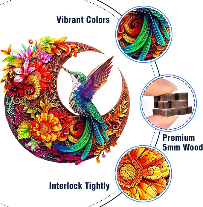 Unique Wooden Puzzles for Adults, Hummingbird Puzzle 300 Pieces 15.35" x 15.15", Animal Shaped Wood Puzzles Adult Brain Teasers, Wooden Jigsaw Puzzles, Family Games for Kids and Adults