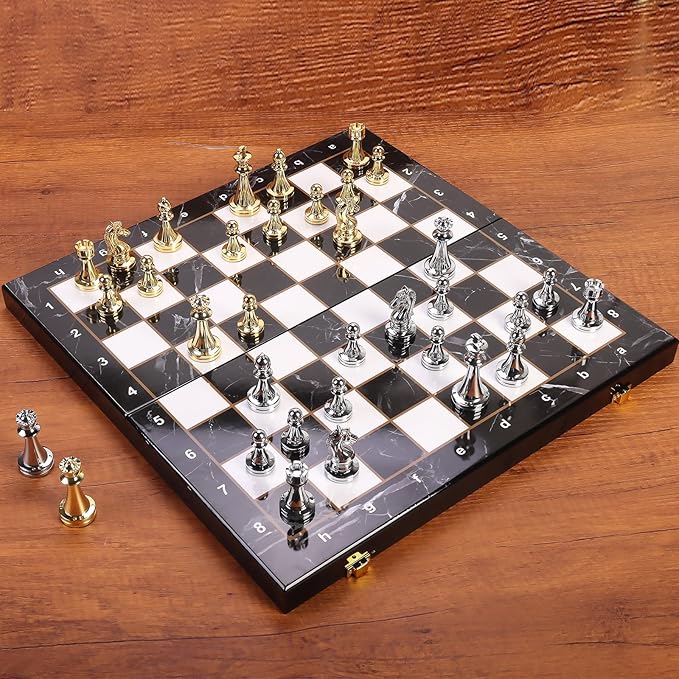 Metal Chess Set for Adults and Kids, 15''Large Marbling Chess Board with Storage –2 Extra Queens and 32 zinc Alloy Metal Pieces with a Sense of Weight,Folding Portable Travel Unique Chess Sets Game