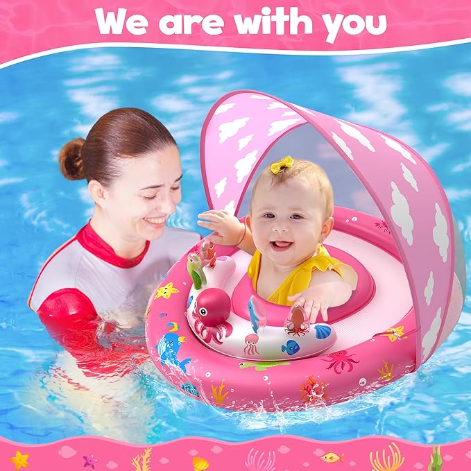 ZIZZ Baby Pool Float with Canopy - 2025 New Inflatable Baby Swim Float with UPF50+Sun Protection, Baby Infant Pool Float with Toy Play Console Adjustable Seat for Toddler Kids Aged 6-36 Months