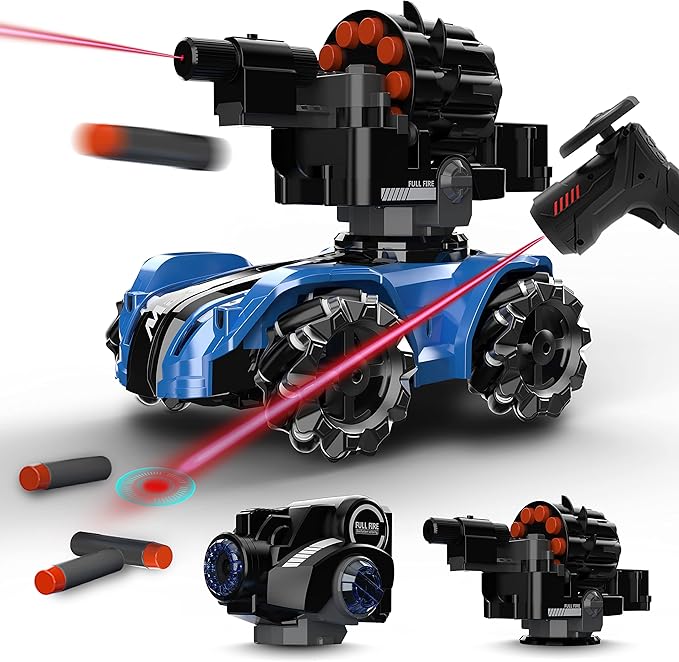 RC Tank Car,Rc Car That Shoot,2 Heads That Shoot Nerf Bullet (Foam Dart), Make Bubble, Remote Control Tank for Adult, 4WD Battle Stunt Car with 360°Rotating, LEDs, Music, Toy Gift for Boys 6+
