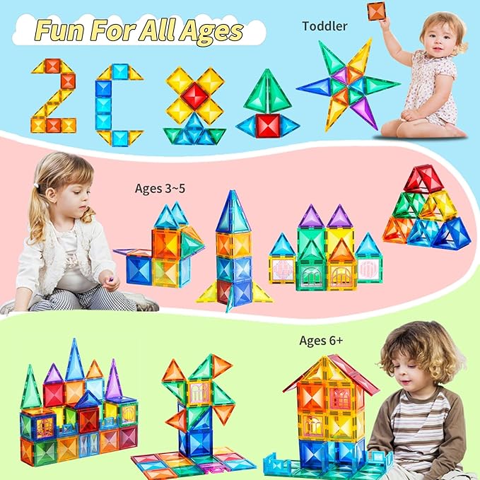 TOKBLOK 64Pcs Clear Diamond Magnetic Tiles - STEM Educational Building Blocks Toys for 3-6 Year Old Boys & Girls | Ideal for Toddler Early Development (Starter Set)
