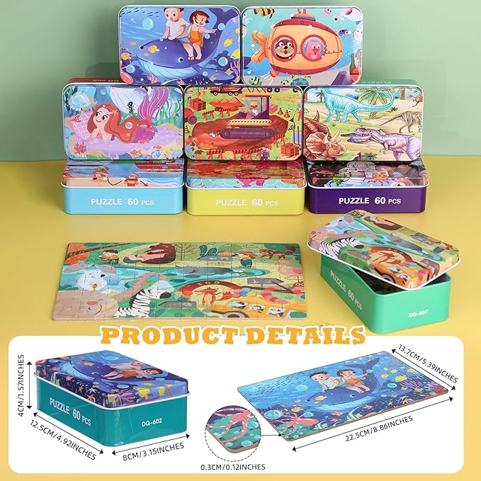 Libima 9 Boxes Party Favors Jigsaw Puzzles in a Metal Box for Age of 4-8 Wooden Puzzle for Ages 4-8 Boys and Girls Learning Educational Toys 9 Styles(Lovely Style)