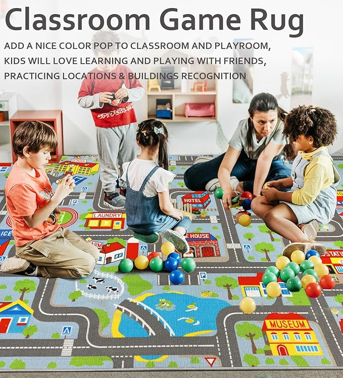 Educational Road Traffic Carpet Kids Carpet Playmat Car Rug Fun City Life Map Kids Car Rug Non Slip Play Carpet for Children Playroom Bedroom Classroom Decor (Sky Blue, 6'6''x9'8'')