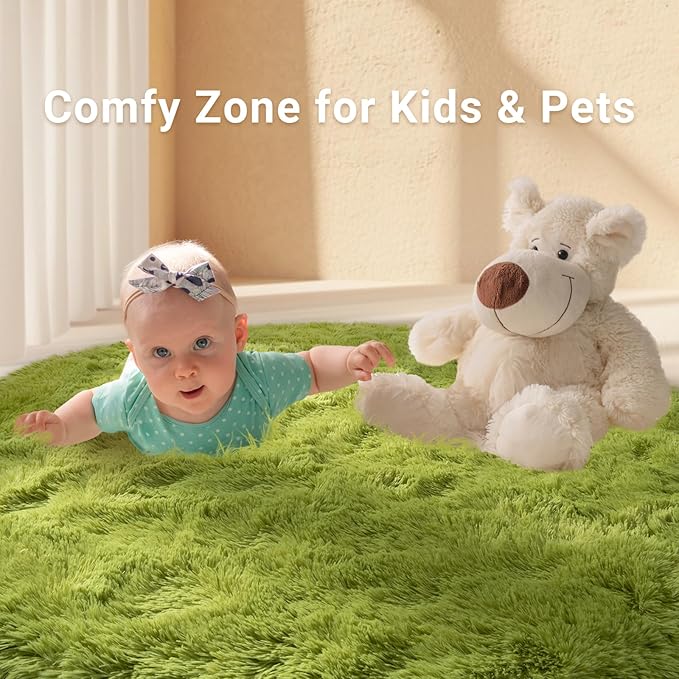 LOCHAS Luxury Round Fluffy Area Rugs for Bedroom Kids Girls Room Nursery, Super Soft Circle Rug, Cute Shaggy Carpet for Children Living Room, 5x5 Feet Green