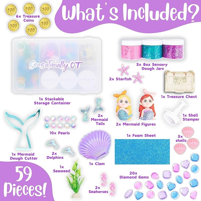 Sensationally OT Mermaid Sensory Dough Kit (3 Jars) Non-Toxic Dough with Cutters, Stampers, Coins, Pearls, Seahorses, Starfish, Treasure Box - Perfect Creative Play and Gift for Kids & Toddlers