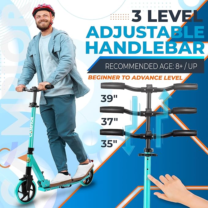 Kick Scooter for Ages 6+, for Kids, Teens, and Adults, Max Load 240 LBS, Foldable, 8-inch Big Wheels for Kids and Adults, with Kickstand, 3 Adjustable Levels, Child Safety Approved, Aqua