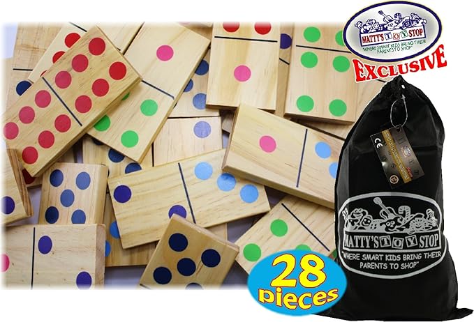 Matty's Toy Stop Deluxe Giant Wooden Dominoes Double Six (5") Color Dot, 28 Piece Set with Storage Bag