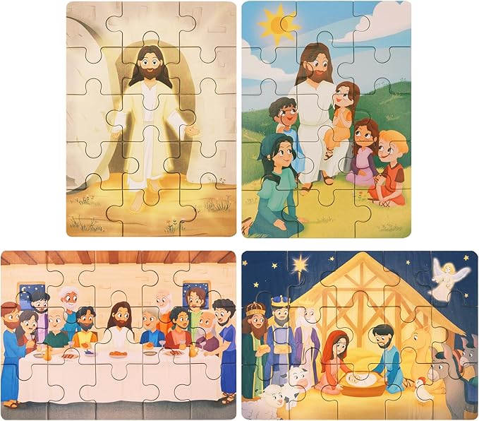 Bible Puzzles for Kids Ages 4-6 | 4-in-1 Wooden Jigsaw Puzzles in Box (15 pcs Each) | Christian Bible Gifts for Children | Easter Gifts for Kids | Nativity | The Last Supper (New Testament)