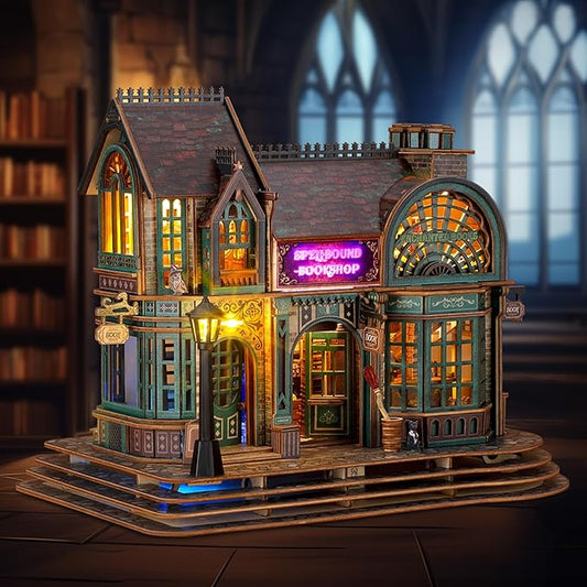 LED 3D Wood Puzzle - Magic Bookshop Building Model Kit with LEDs - DIY Miniature Magical Bookstore - 3D Puzzle Architecture Craft Gift for Adults
