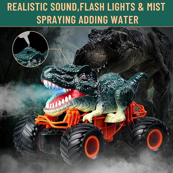 Dinosaur Monster Truck Toys - Remote Control Dinosaur Car, 2.4Ghz RC Truck with Lights, Music & Spray - Electric Hobby RC Cars for Toddlers - Birthday Gift for Kids Boys Girls Ages 2-8 (Green)