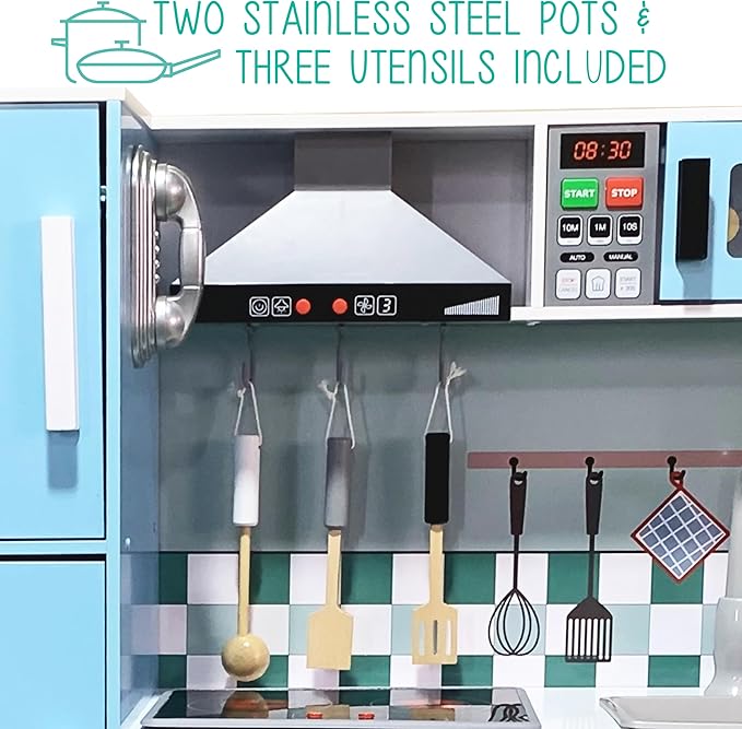 Lil’ Jumbl Kids Blue Kitchen Set, Pretend Wooden Play Kitchen, Battery Operated Icemaker, Microwave, Range Hood, Stove Top, Oven, with Realistic Sound & Lights, Pots, Pan, & Utensils Included