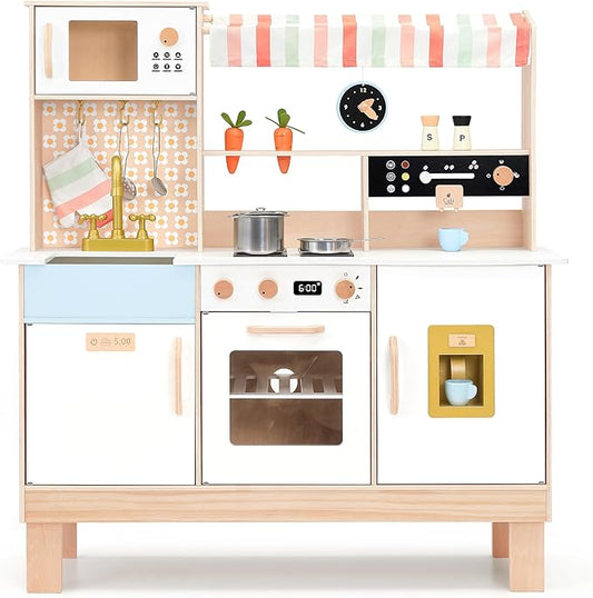 PairPear Play Kitchen for Kids, Wooden Toy Kitchen Set with Coffee Maker Ice Maker & Play Kitchen Accessories, Pretend Play Toddler Kitchen Toys Gift for Girls Boys 3+