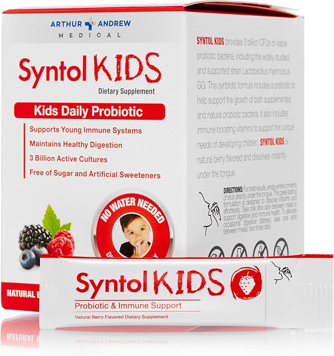 Arthur Andrew Medical, Syntol Kids, Daily Probiotic Supplement for Digestive Health and Young Immune Systems, No Sugar or Artificial Sweeteners, Berry Flavor, Vegan, 30 Sachets