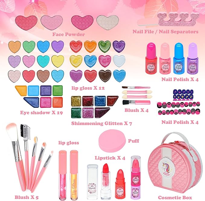 Kids Makeup Sets for Girls 5-8, 66PCS Makeup for Kids Kit Gifts Toys for Girls,Play Real Make Up Kit for Little Girls,Princess Birthday Washable Toddlers Cosmetic for Children Age 3-12 Years Old