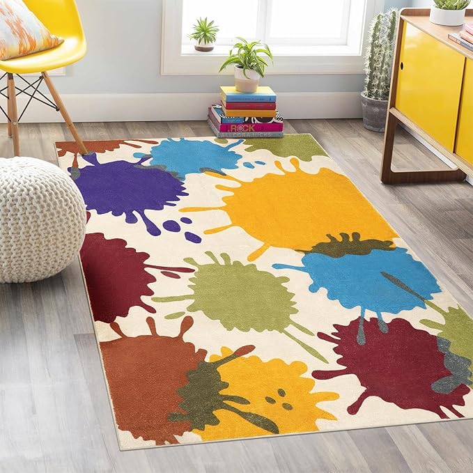 STARUIA Art Bedroom Rug, 4'x6' Machine Washable Kids Rug for Playroom, Paint Splash Rainbow Area Rug for Classroom, Soft Colorful Living Room Rug Throw Play Mat for Nursery Office Preschool