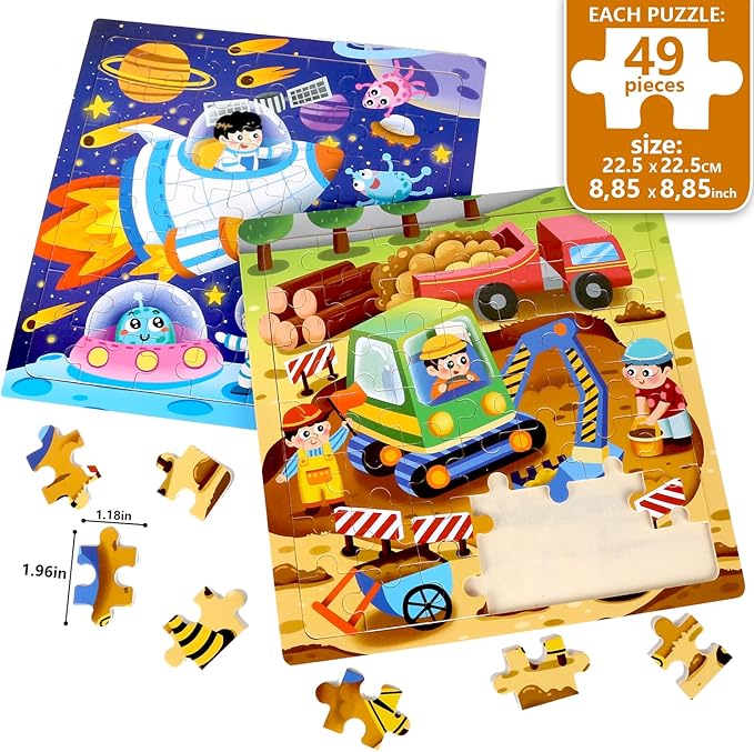 Puzzles for Kids Ages 4-6 - 48 Pcs Wooden Realistic Montessori Toddler Puzzles Ages 3-5 - Construction Vehicles Fire Rescue Space Learning Games for Boys and Girls 4-8 Year Olds