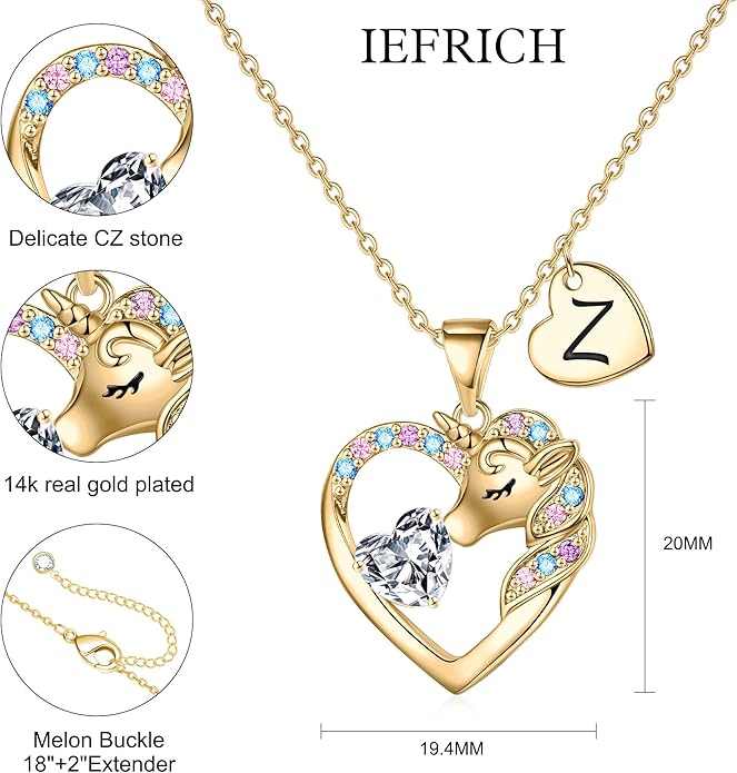 Necklace for Girls Kids Gifts - Colorful CZ Heart Initial Necklaces Unicorn Necklace for Girls Jewelry Birthday Graduation Gifts for Little Girl Kids