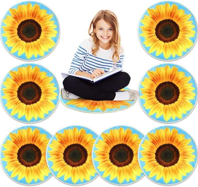 8 Pcs Classroom Carpet Kids Rug 15 x 15 Inch Back to School Supplies Round Non Slip Mat for Nursery Kindergarten Playroom Bedroom(Sunflower)