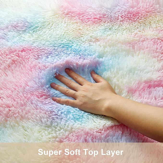 Ophanie Rainbow Colorful Area Rugs for Bedroom Girls, Unicorn 4x6 Carpet Fluffy Fuzzy Furry Shag, Plush Soft Cute Kids Baby Shaggy Bedside Floor Rug for Teen Dorm Home Decor Aesthetic, Nursery