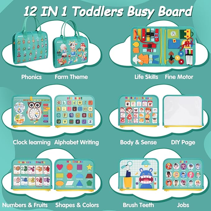 Montessori Busy Board - Sensory Learning Toys for Toddlers 1-6 Years, 10 Pages, 32 Activities, Airplane Car Travel Educational Toys for Autism, Baby Birthday Gift