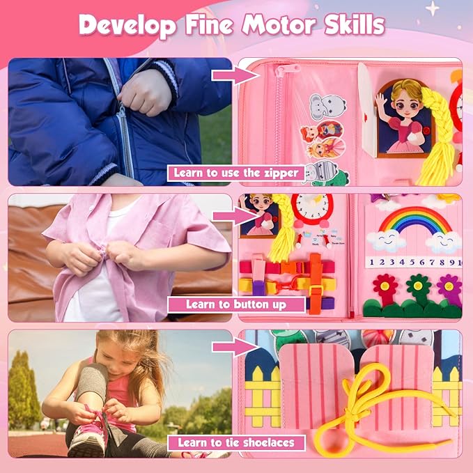 Pink Montessori Busy Board Book for Toddlers 1-3, Montessori Toys for 1-3 Year Old Girl Birthday Gift, Educational Quiet Activity Books for Toddlers 1-3, Airplane Car Travel Toys for Ages 2-4