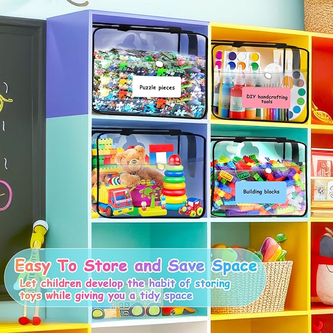 Toy Storage Bags 6 Packs, Kids Toy Storage Organizer with Zipper and Labels, PVC Clear Bags for Board Games, Books, Puzzles, Building Blocks(Large, Black)