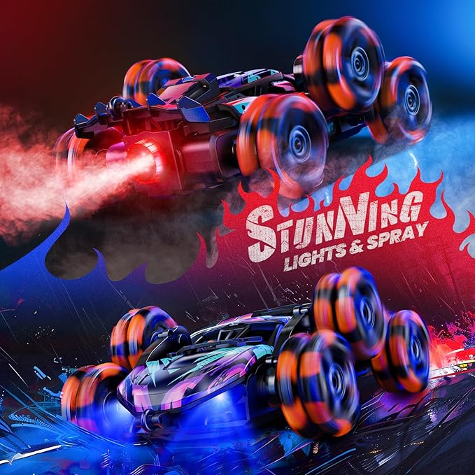 2370 Six-Wheel RC Stunt Car,6WD Cool Drift Remote Control Car,Double-Sided Driving,360° Flips Rotating,with Spray and Light Effects,Toys for Ages 8-13 Kids,Ideal Gift for Boys and Girls