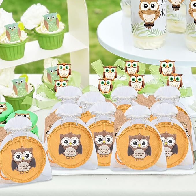 36 Pack Owl Change Purses Set Include 12 Wallets with Keyring,12 Thank You Tags and 12 Organza Bags for Woodland Forest Animals Party,Thanksgiving,Baby Shower,Birthday Party, Khaki