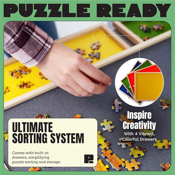 Puzzle Ready Puzzle Board with Drawers & Cover Mat - 1500-Piece Wooden Jigsaw Table - 37" X 28" Portable Board with Lazy Susan for Puzzlers - Colorful Puzzle Table Trays for Sorting