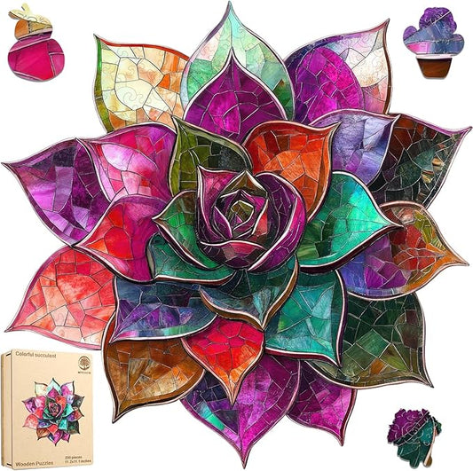 Colorful Succulent Puzzles for Adults 500 Pieces,Wooden Puzzles, 5MM Thick Unique Shaped Flower Jigsaw Puzzles Birthday Gifts for Kids Family Game 16.8 * 16.9inch