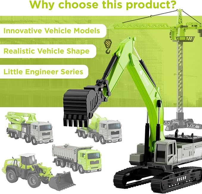 iPlay, iLearn Kids Construction Truck Toy, Crane Excavator for Boys Age 3-5, Digger Dump Trucks, Bulldozer Forklift Vehicle Set for Sandbox Play, Birthday Gifts 3 4 5 6 Year Old Toddlers