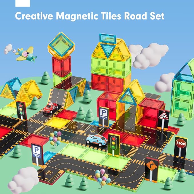 hahaland Magnetic Tiles Road Set - Magnetic Construction Toys with Cars for Ages 3-5 Toddlers Kids Preschool Montessori Toys for 3 4 5 6 7 Year Old Boys Girls Easter Birthday Gifts